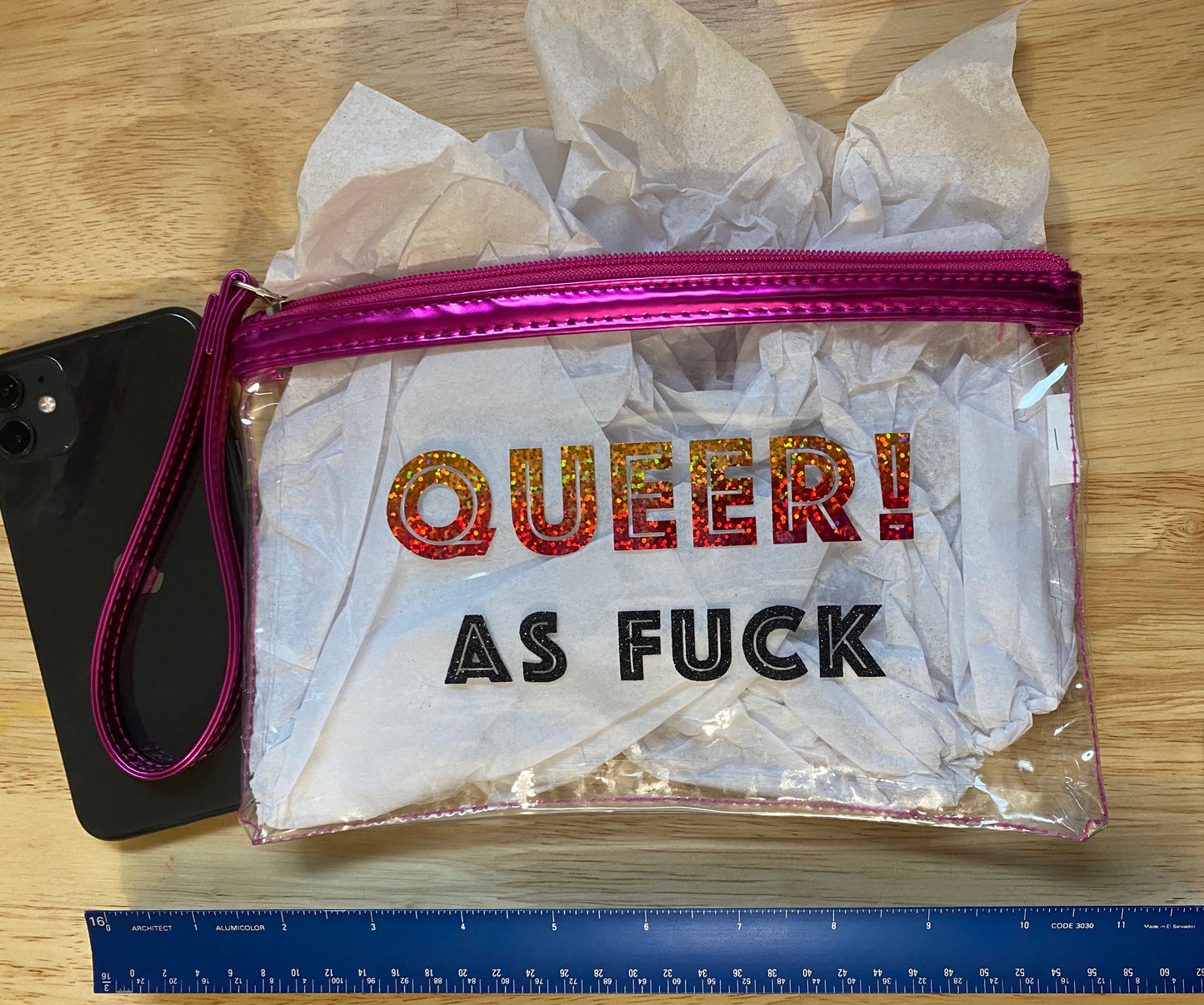 Transparent “Queer As Fuck” Glitter Pouch - Charrs Crafts