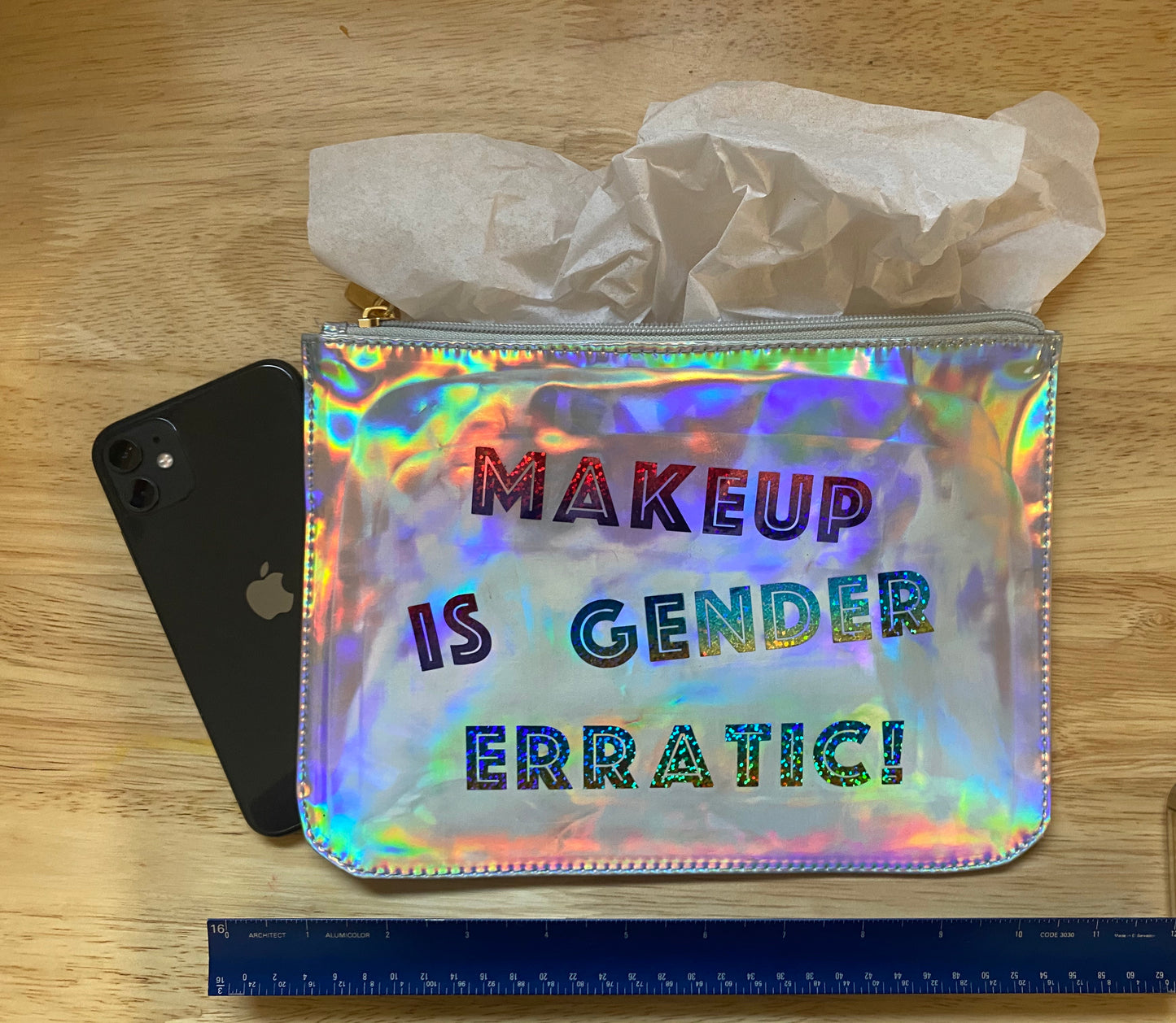 Transparent “Makeup is Gender Erratic!” Glitter Pouch - Charrs Crafts